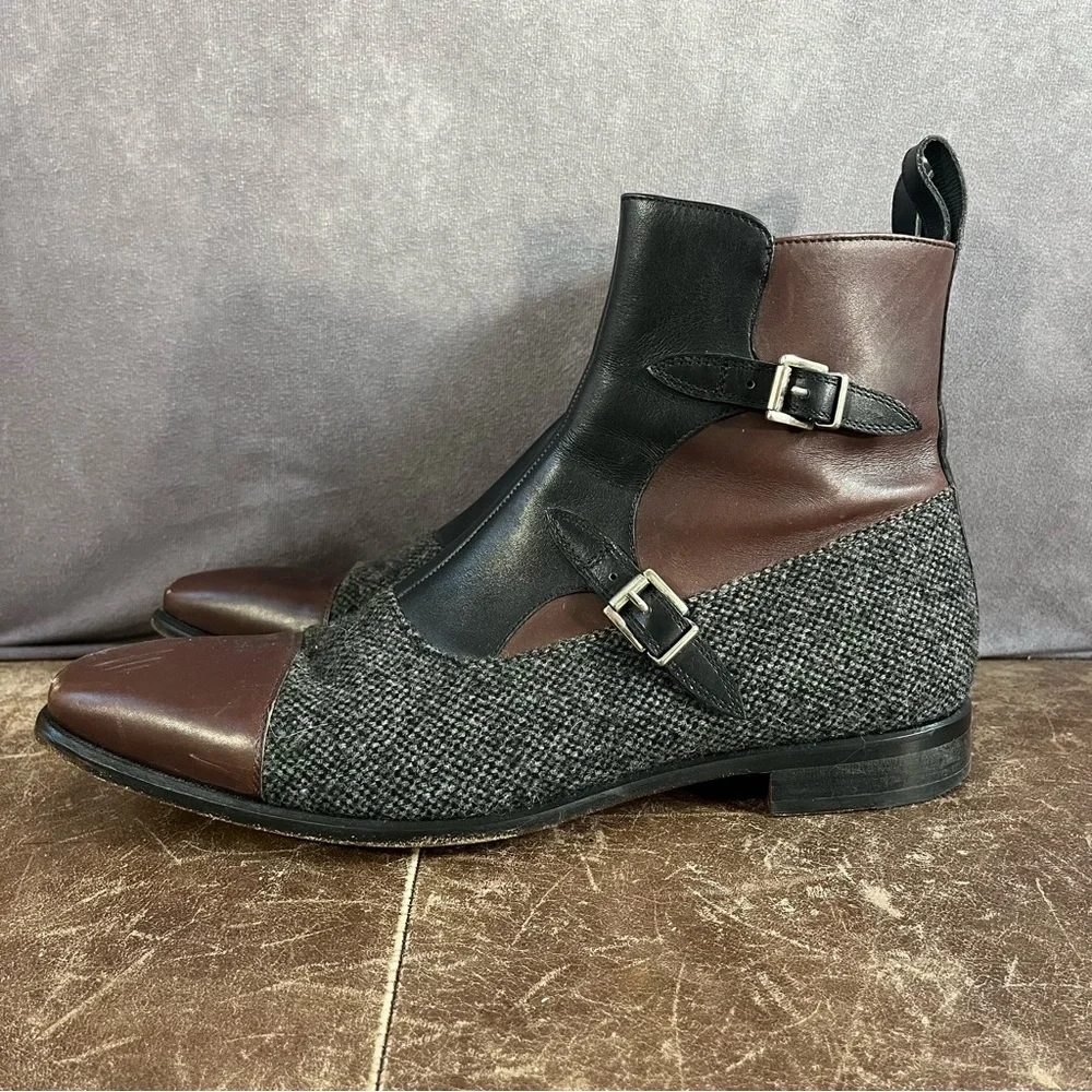 Que Sheebly Octavian Boots Mens Sz 11 Brown Gray Leather Double Monk Strap Shoes